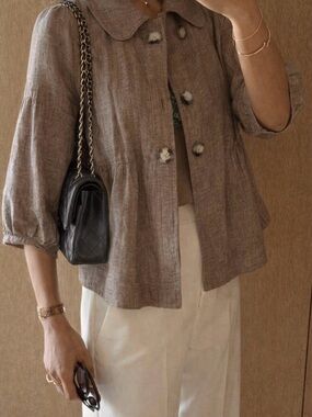 Free people linen blend peplum jacket - taupe textured button front